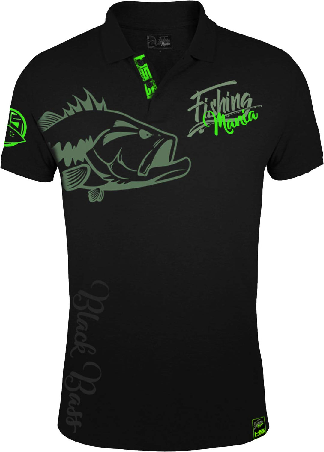 HOTSPOT DESIGN Fishing Bass Mania, SW-Grün, Barschangler Poloshirt M Schwarz, M Schwarz