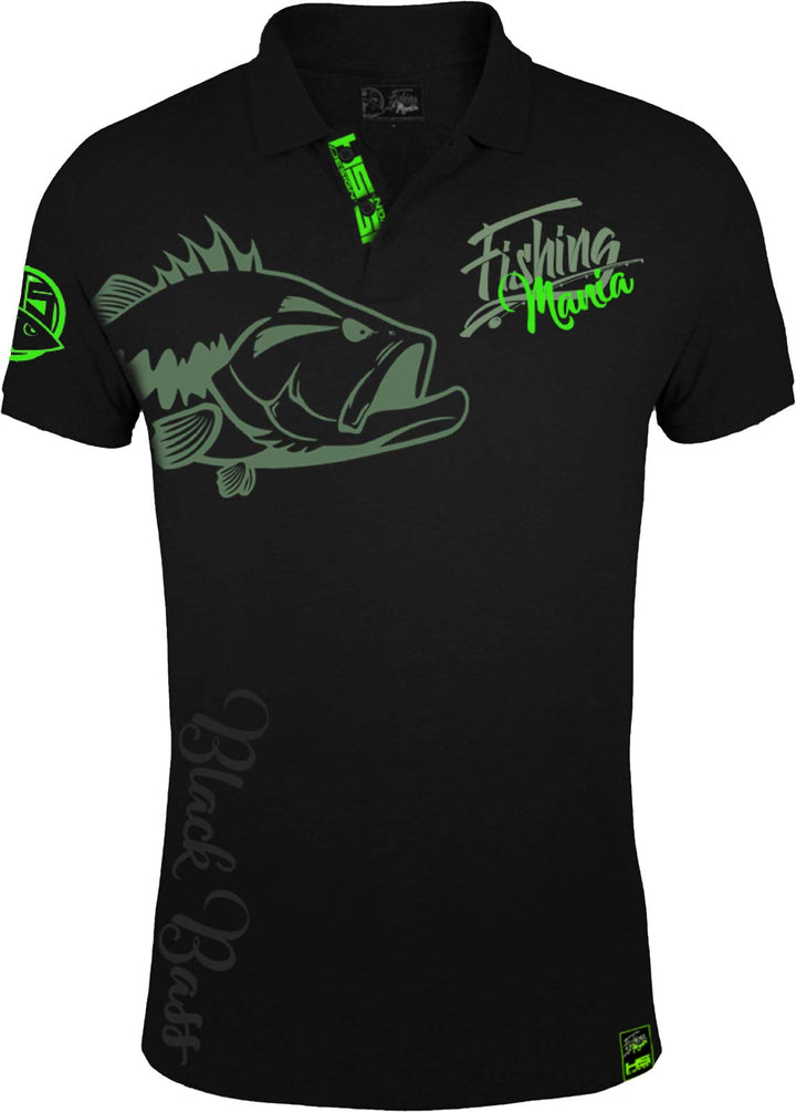HOTSPOT DESIGN Fishing Bass Mania, SW-Grün, Barschangler Poloshirt M Schwarz, M Schwarz