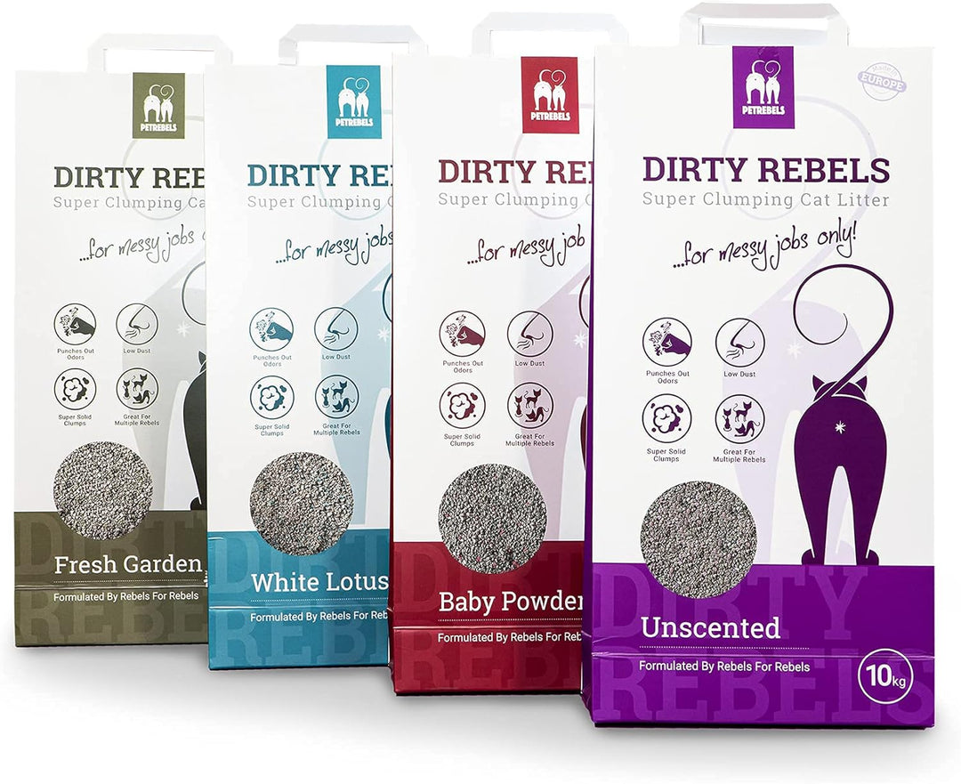 Petrebels Katzenstreu Dirty Rebels, 12x 10 Liter, Weisser Lotus Duft, 100% Natürlich, 12er-Pack Whit