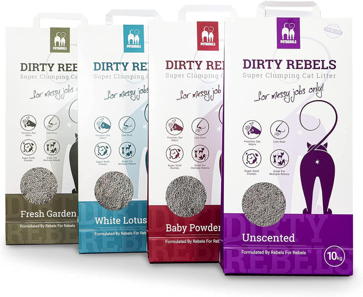 Petrebels Katzenstreu Dirty Rebels, 12x 10 Liter, Weisser Lotus Duft, 100% Natürlich, 12er-Pack Whit