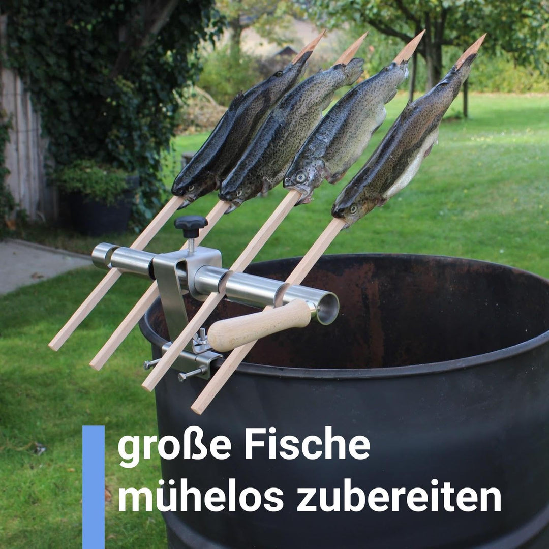 Premium Steckerlfisch Halter für Feuerschale - Platz für 4 Fische - Fisch Grill Aufsatz passt auf Je