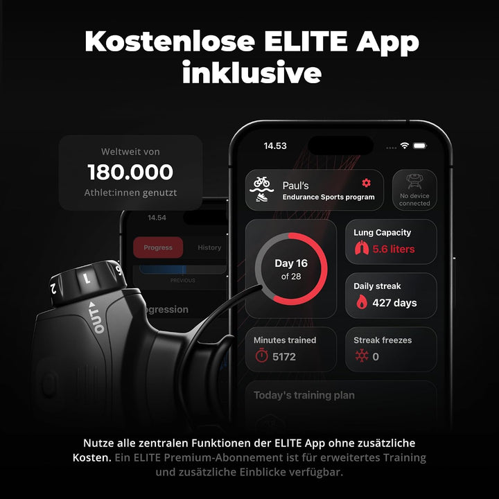 Airofit Elite Atemtrainer – Einstellbarer Widerstand fürs Training | Tragbar; Widerstandsräder; App-