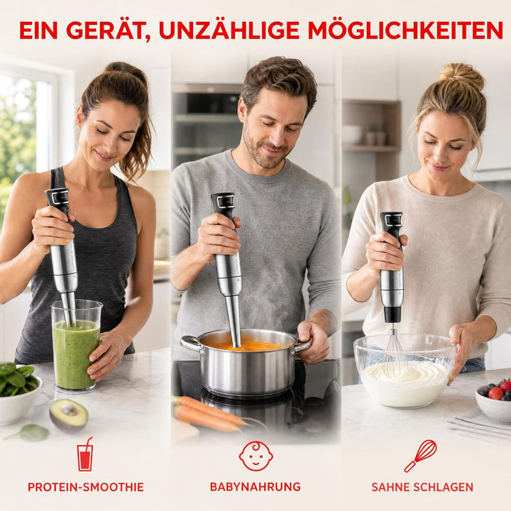 Trisa 4-in-1 Stabmixer Set Dynamic Blade 1500W – Leistungsstarker Pürierstab mit drucksensitiver Mes