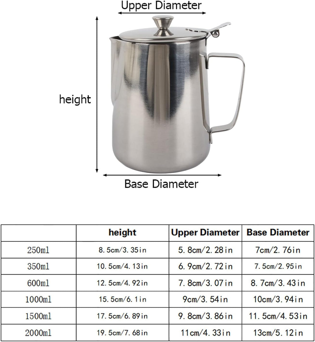 Milch Pitcher, Edelstahl-Aufschäumbecher, Edelstahl-Kaffeetasse, Milchaufschäumkrug mit Deckel für L