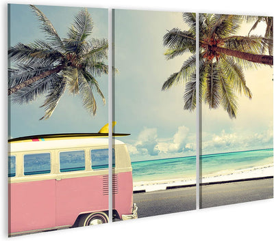 Bild auf Leinwand Oldtimer Strand Surfbrett Wandbild Poster Kunstdruck Bilder Format: 130x80cm - 3 T