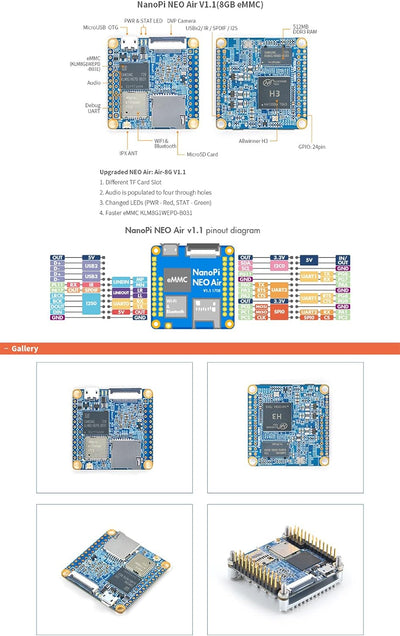 NanoPi NEO Air Open Source Quad-Core Cortex-A7 1,2 GHz Allwinner H3 Einplatinencomputer DDR3 WiFi &