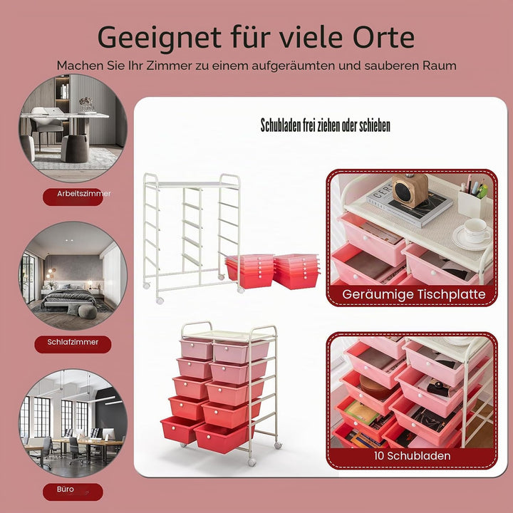 KOMFOTTEU Rollwagen mit 10/15 Schubladen stapelbar, Badrollwagen Rollcontainer mit Metallrahmen, All