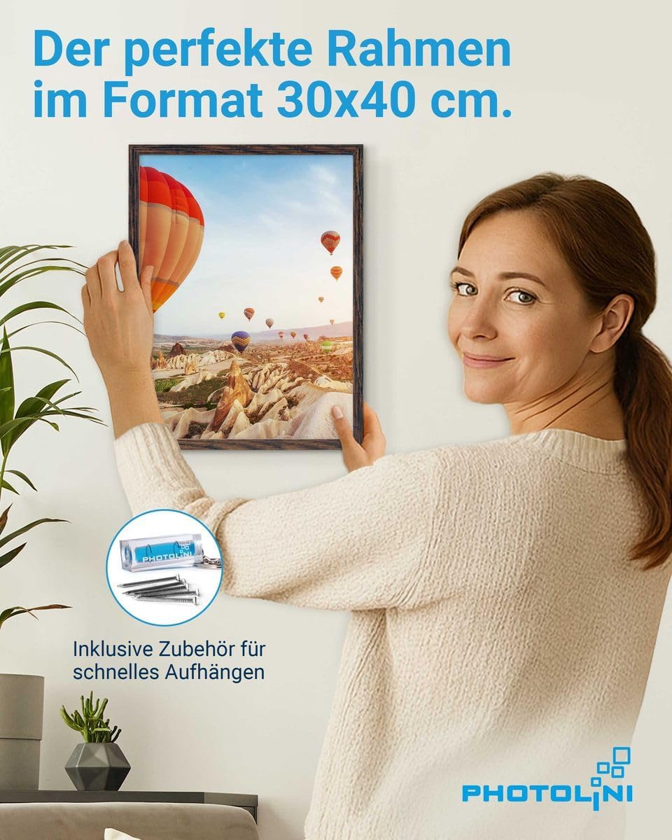 PHOTOLINI Bilderrahmen 30x40 cm MDF-Holz Eiche Dunkel, 3er Set Posterrahmen, bruchsicheres Acrylglas
