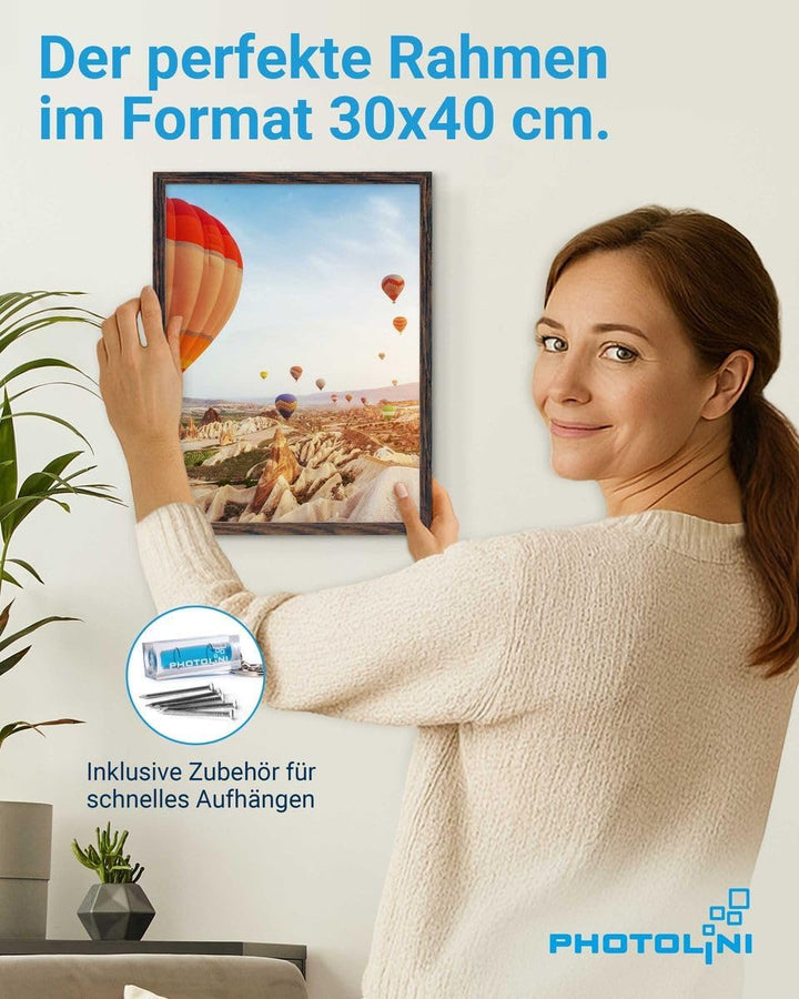 PHOTOLINI Bilderrahmen 30x40 cm MDF-Holz Eiche Dunkel, 3er Set Posterrahmen, bruchsicheres Acrylglas