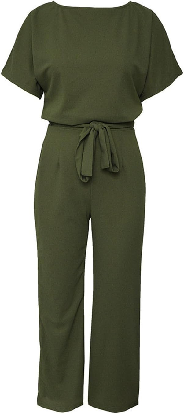 Bipily Damen Kurzarm Lang Jumpsuit Elegant Overall Jumpsuits O-Ausschnitt Playsuit Romper Hosenanzug