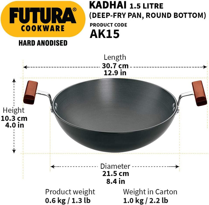 Futura Hard Anodised Round Bottom Deep-Fry Pan(22cm/1.5 Litres)
