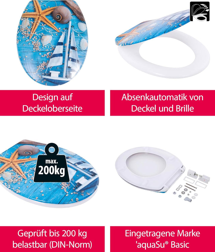 'aquaSu® Basic, WC-Sitz mit Motiv, Duroplast Toilettendeckel mit Absenkautomatik, Belastbar bis 200
