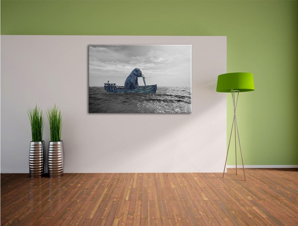 Pixxprint lustig sitzender Elefant im Boot B&W Detail, Format: 100x70 auf Leinwand, 100x70