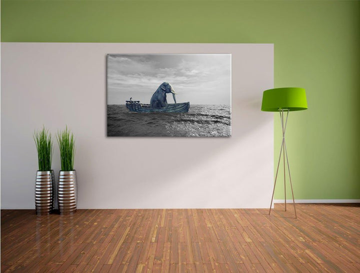Pixxprint lustig sitzender Elefant im Boot B&W Detail, Format: 100x70 auf Leinwand, 100x70