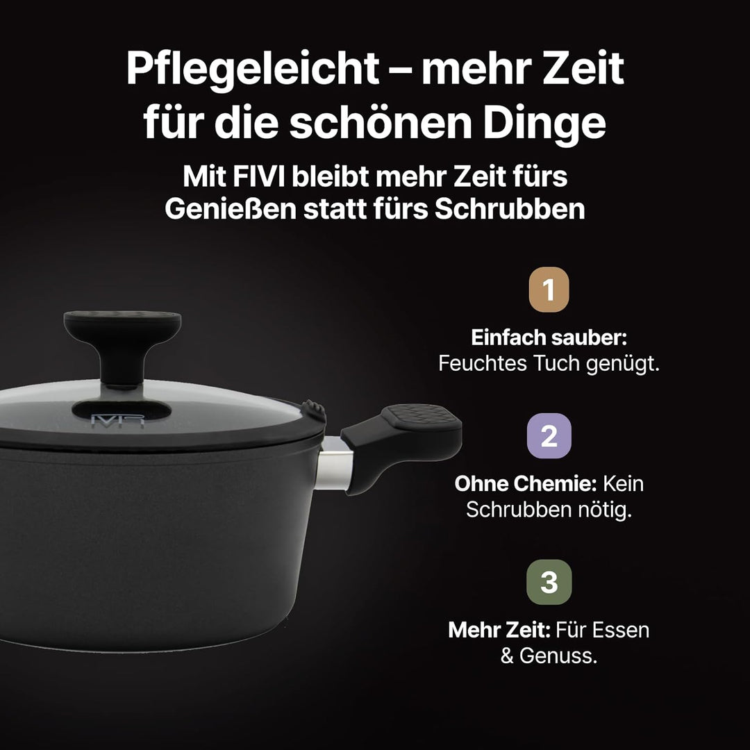 FIVI GUIDO Kochtopf 20 cm – 2,6l | Induktion geeignet | 100% recyceltes Aluminium | Glasdeckel mit S