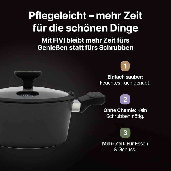 FIVI GUIDO Kochtopf 20 cm – 2,6l | Induktion geeignet | 100% recyceltes Aluminium | Glasdeckel mit S