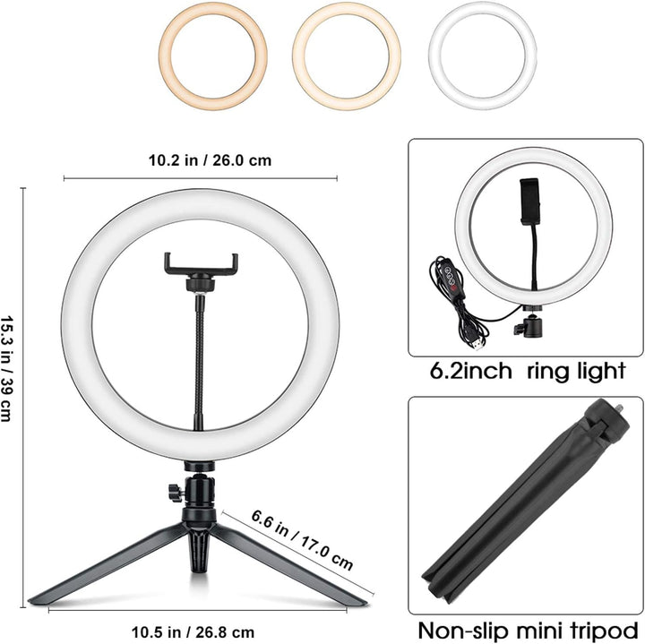 D93CS 10 Zoll Desktop Ringlicht mit Stativ & Handyhalter – Dimmbare LED-Beleuchtung, 3 Farbmodi, 10
