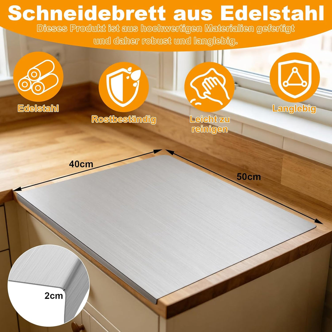 Edelstahl Schneidebrett mit Kante 40x 50cm, Edelstahl Arbeitsplatte Gross, Metall Schneidebrett Teig