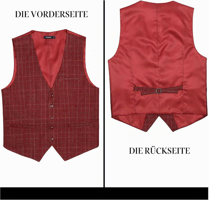 HISDERN Manner Formale Hochzeitsfeier Weste Baumwolle Plaid Kleid Anzug Weste für Herren Burgund XS,