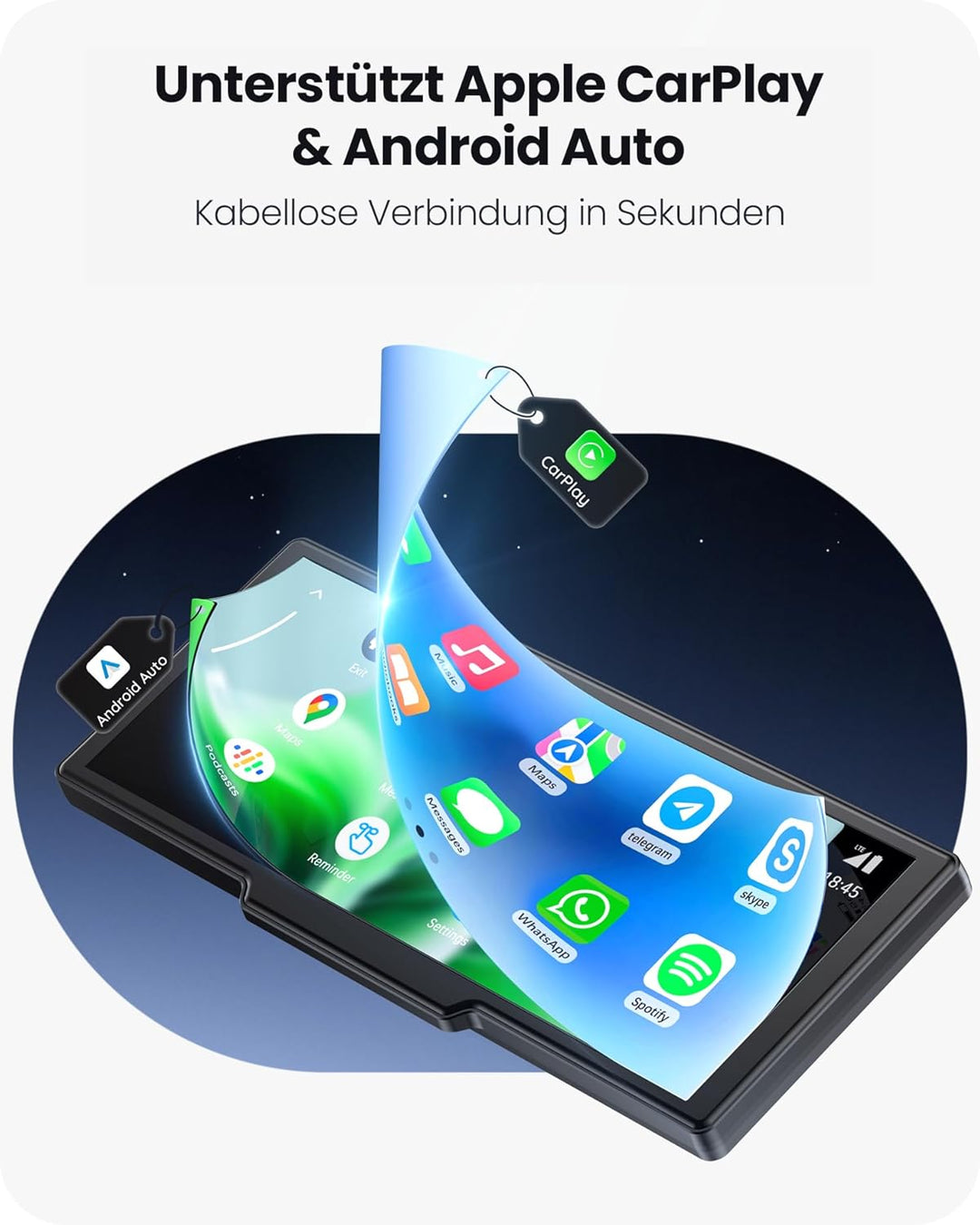 9,26" Tragbarer CarPlay Display für Apple CarPlay &amp; Android Auto mit 4K-Dashcam &amp; HD-Rückfahrkamera,