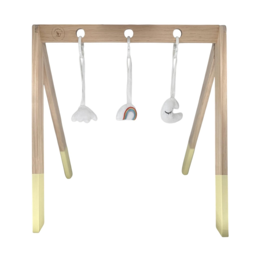 Liefjes &amp; Co Baby Spielbogen aus Holz – Spieltrapez mit Hängespielzeug: Regenbogen, Mond &amp; Wolke – B