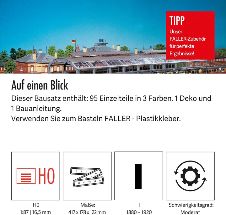 FALLER Bahnhofshalle Modellbausatz mit 95 Einzelteilen 417 x 178 x 122 mm I Modelleisenbahn Zubehör