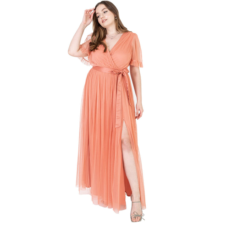 Maya Deluxe Damen Ladies Maxi Dress Women V Neckline Short Sleeve Frilly Long Empire Waist for Weddi