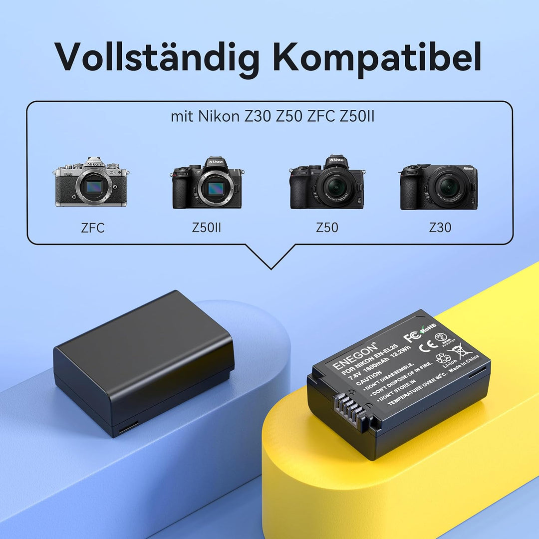 ENEGON EN-EL25 20W Dual-Akku-Schnellladegerät-Set (2 x 1600 mAh) Nikon Z50, Z30, Z FC, Nikon MH-32 D
