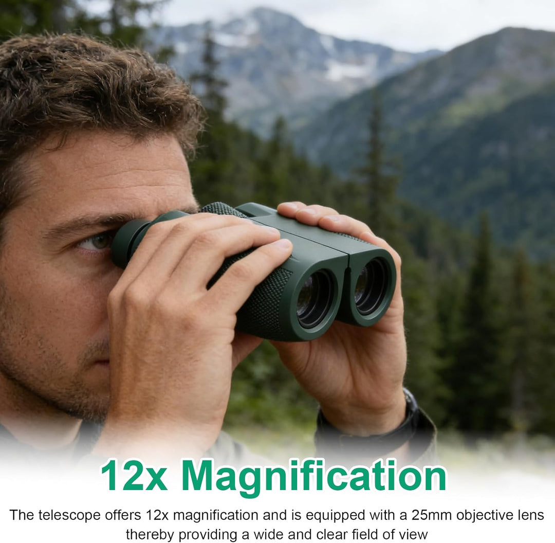 Fernglas Klein, 12 × 25 Fernglas Erwachsene Faltbar Binoculars Feldstecher Ferngläser mit Tragetasch