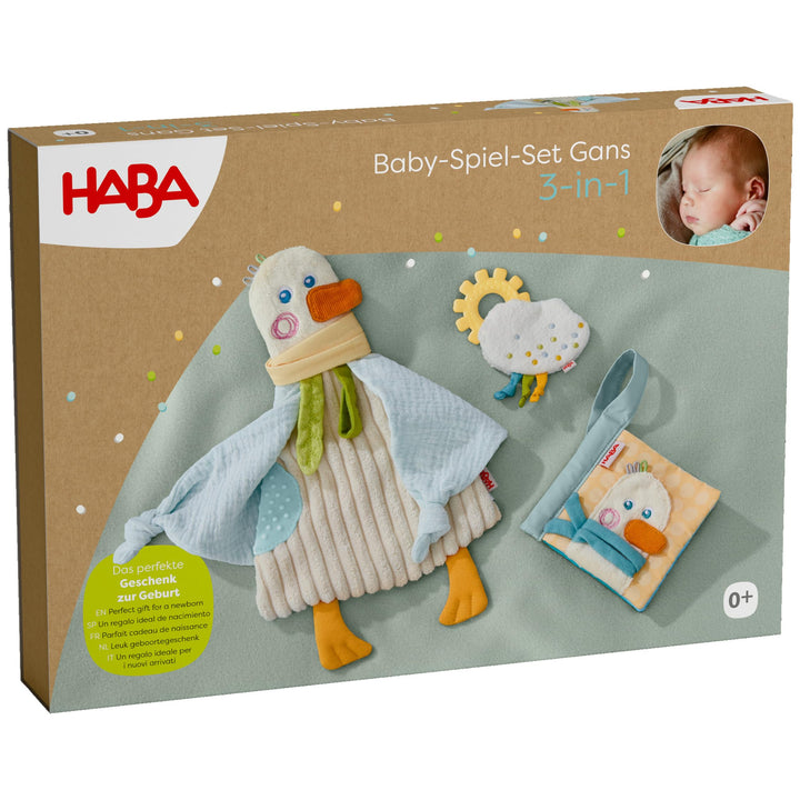 HABA Baby-Spiel-Set Gans 3-in-1 – Geschenkset mit Greifling, Knisterbuch & Schmusetuch, Sinnesspielz