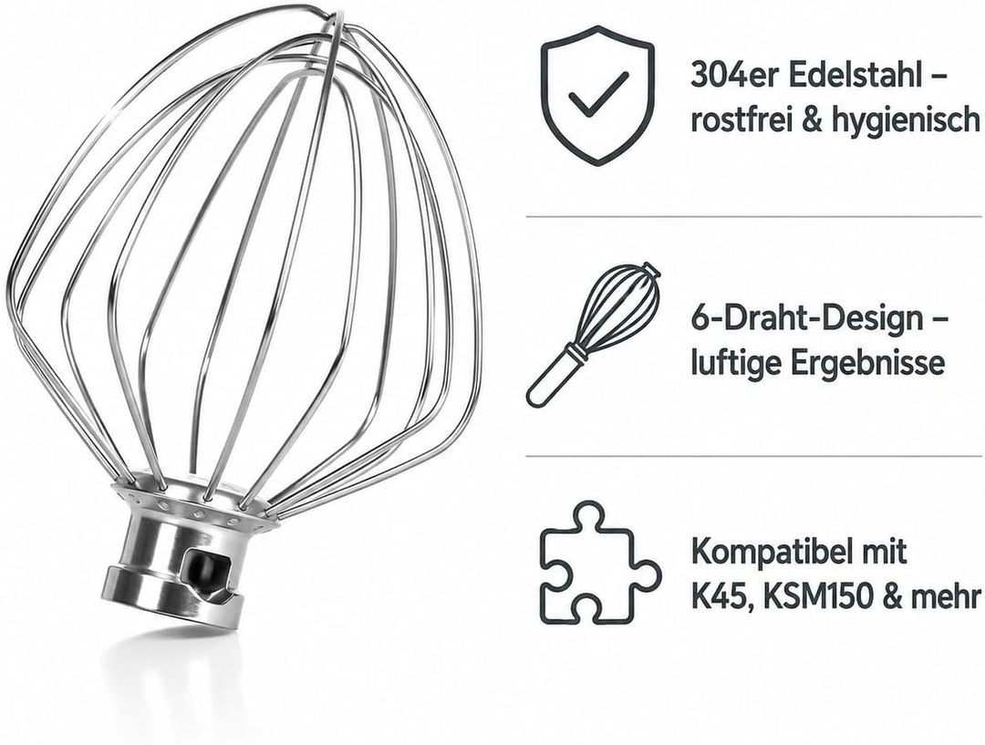 6-Draht Schneebesen für KitchenAid 4.5-5 Quart, 304 Edelstahl | 304 Edelstahl Schneebesen für Kitche