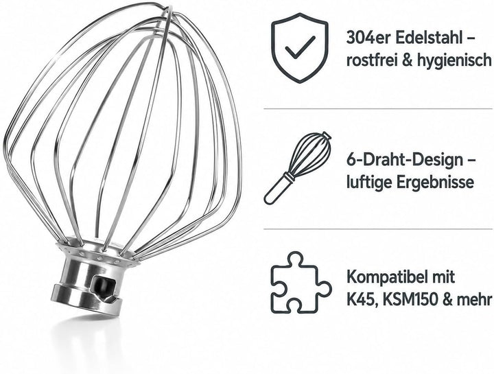 6-Draht Schneebesen für KitchenAid 4.5-5 Quart, 304 Edelstahl | 304 Edelstahl Schneebesen für Kitche
