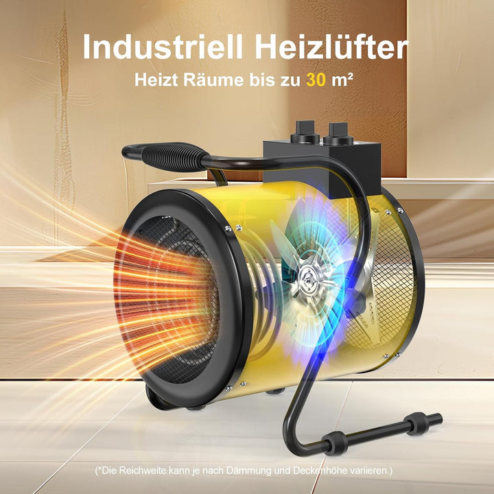DAHTEC Industrie Heizgerät 3000 Watt Heizlüfter Grosse Räume mit Thermostat & 3 Heizstufen Bauheizer