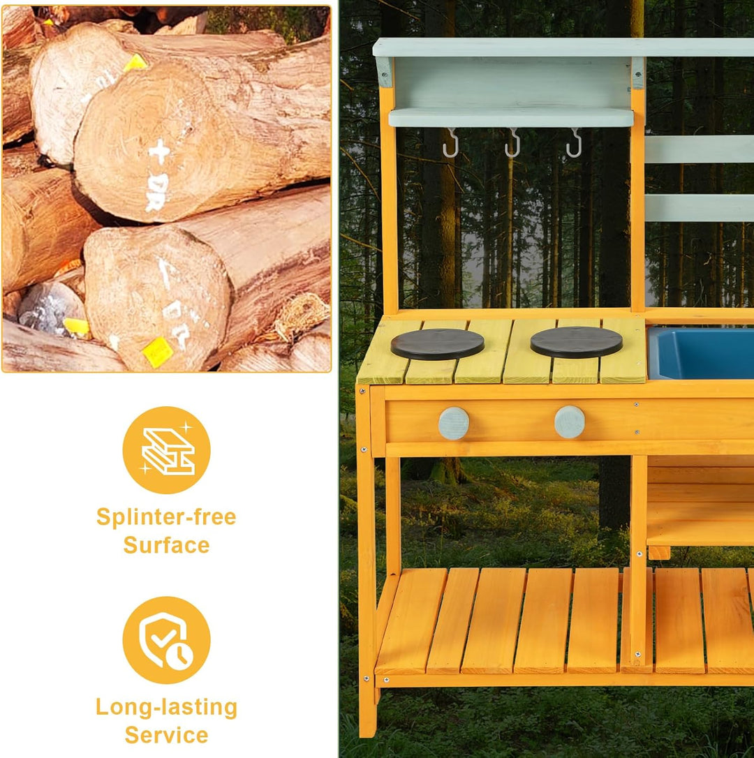HOMASIS Matschküche Kinder Outdoor, Kinderküche mit Waschbecken Spüle Herd, Spielküche Holz, Spielze