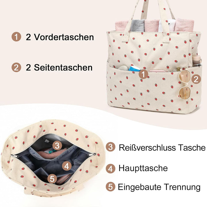 LEDAOU Strandtasche Damen, Grosse Cord Tote Bag mit wasserdichtem Nassfach Beige Erdbeeren, Beige Er