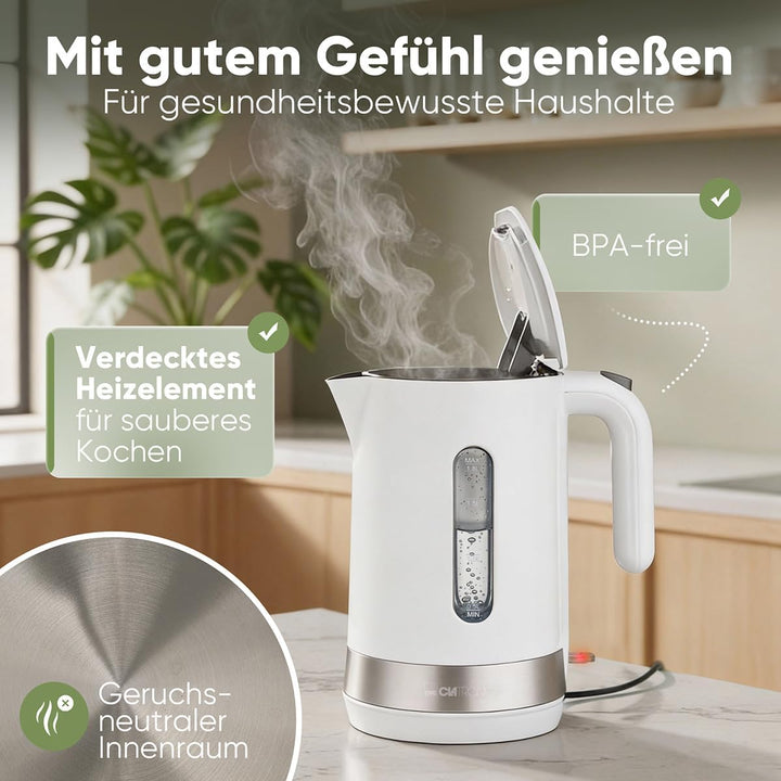 Clatronic® Wasserkocher 1,8L | 2200W für schnelles Erhitzen | BPA frei | Einhandbedienung | Wasserst