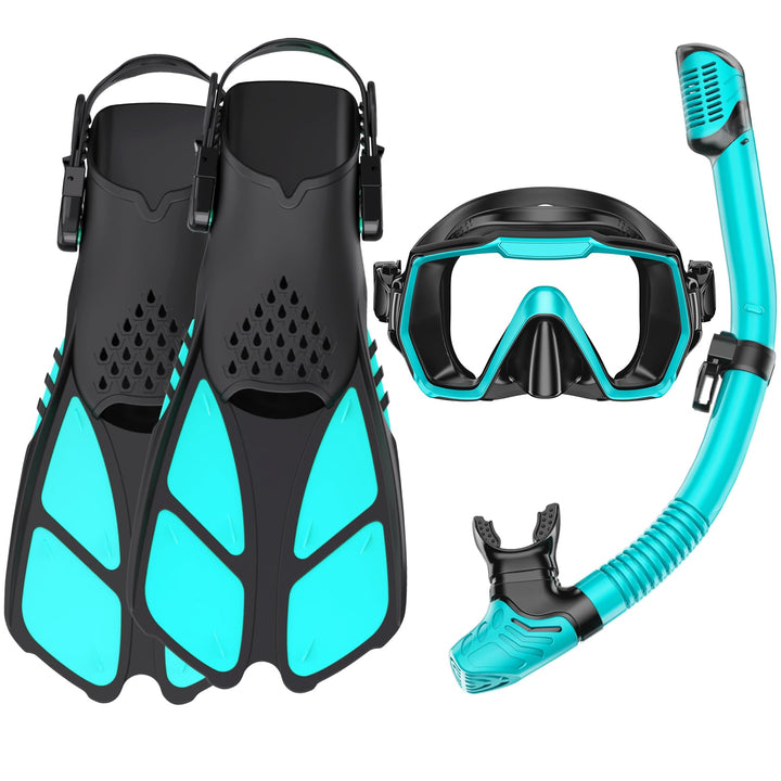 Schnorchelset Erwachsene mit Flossen, Tauchermaske, Dry Top Schnorchel und Tragetasche Aquagrün+schw