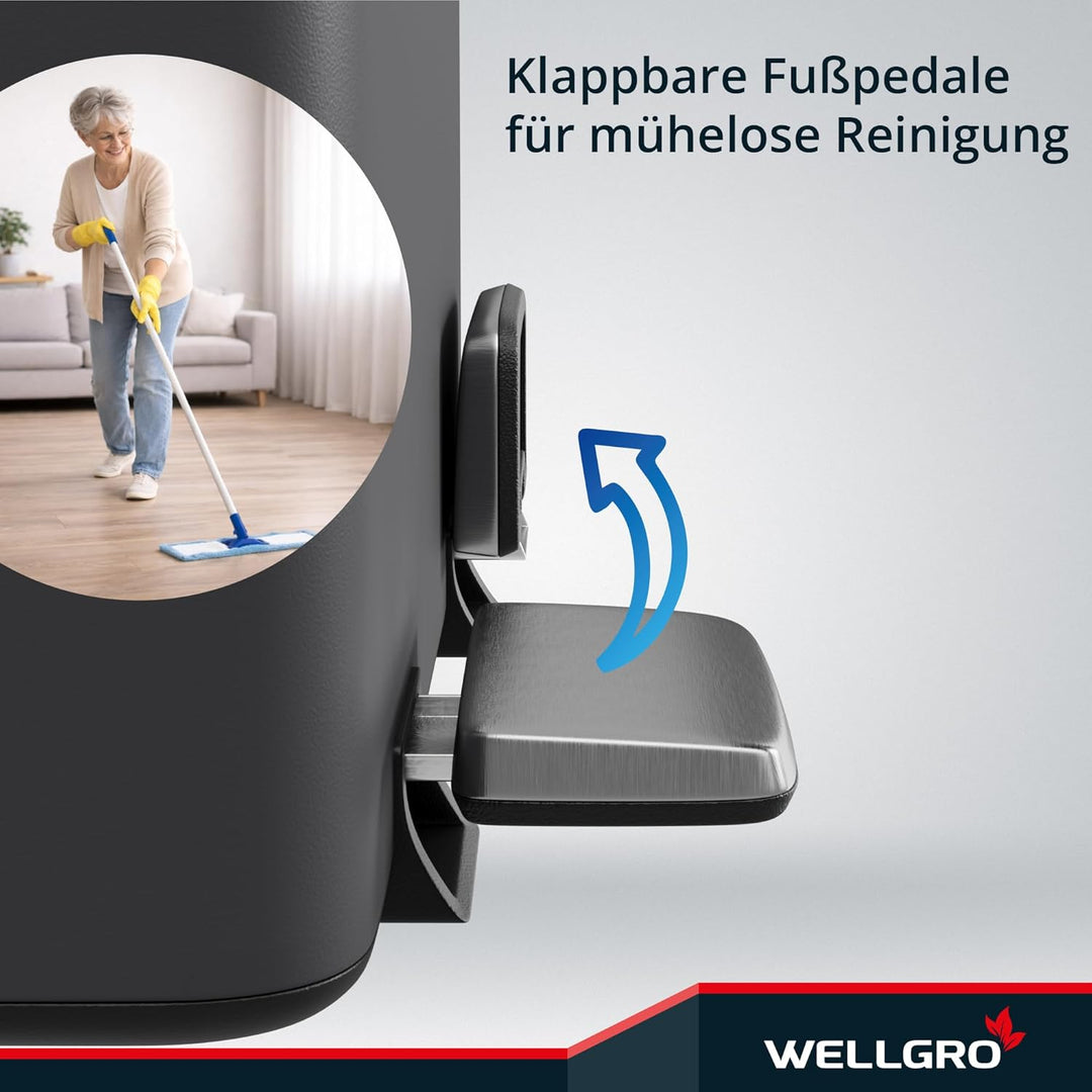 WELLGRO Treteimer grau, Mülleimer, Edelstahl Tretmülleimer mit 2 x 30 Liter, klappbaren Fusspedalen,