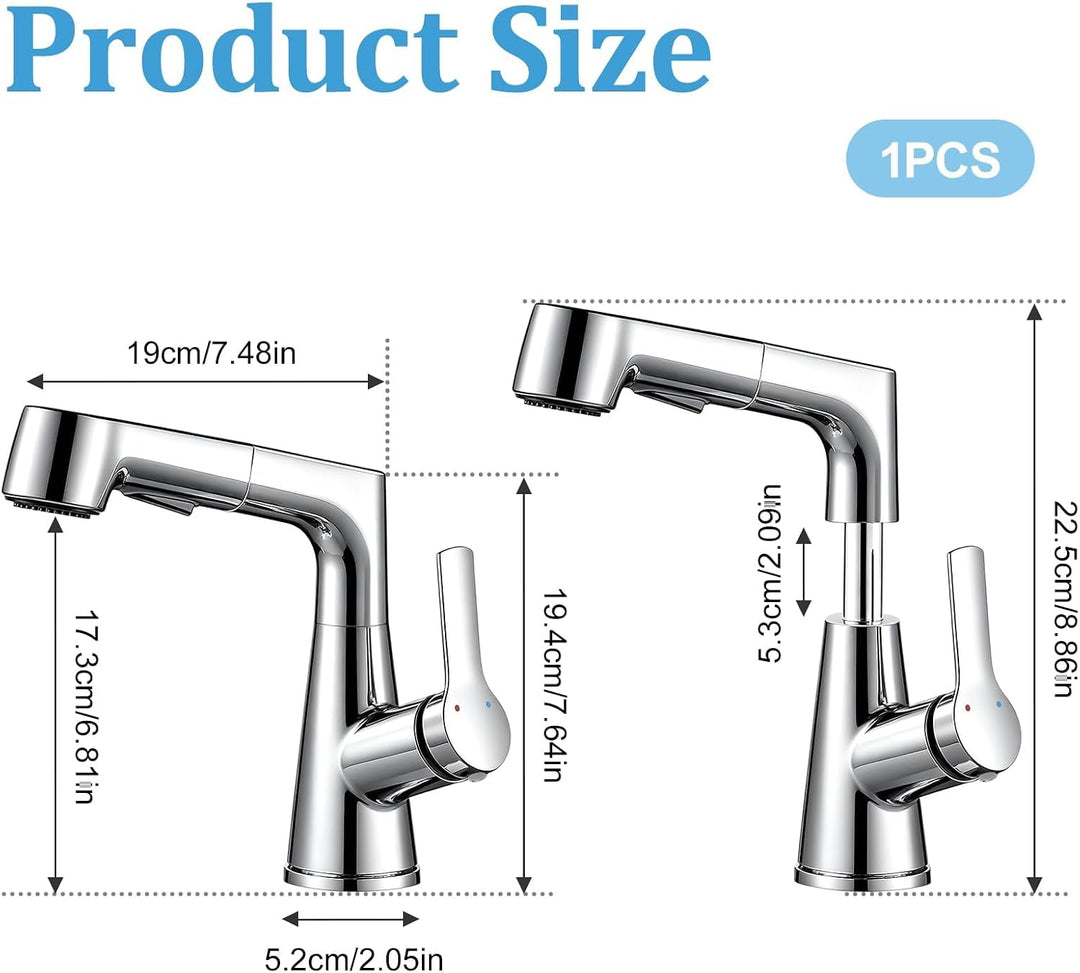 Wasserhahn Bad Höhenverstellbar 6cm Messing 360° Drehbar Chrom | Waschtischarmatur mit Herausziehbar