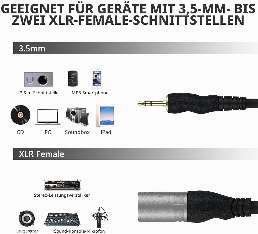 3,5-mm-TRS auf 2 XLR-Stecker, Splitterkabel, 3,5 mm auf Dual XLR-Stecker, Y-Patchkabel für Laptop, K