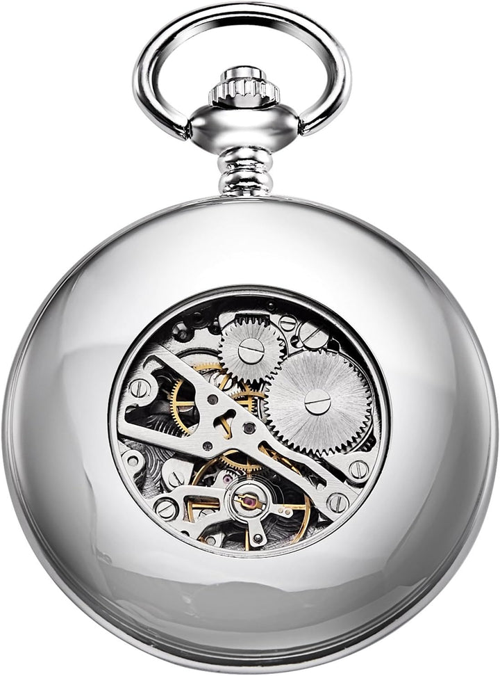 TREEWETO Unisex Taschenuhr mit Kette Analog Handaufzug Retro Skelett Hochglanz Poliert Silber