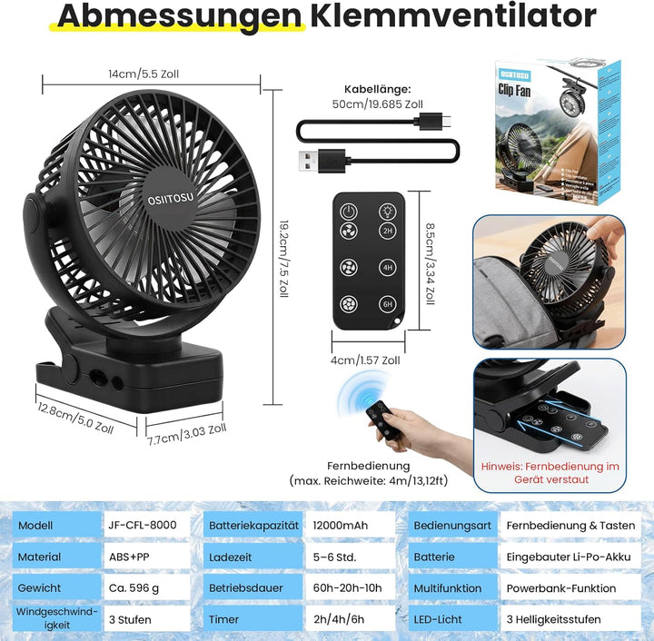 12000mAh Ventilator Akku, Camping Ventilator Klein USB Tischventilator Leise mit Fernbedienung, Lich