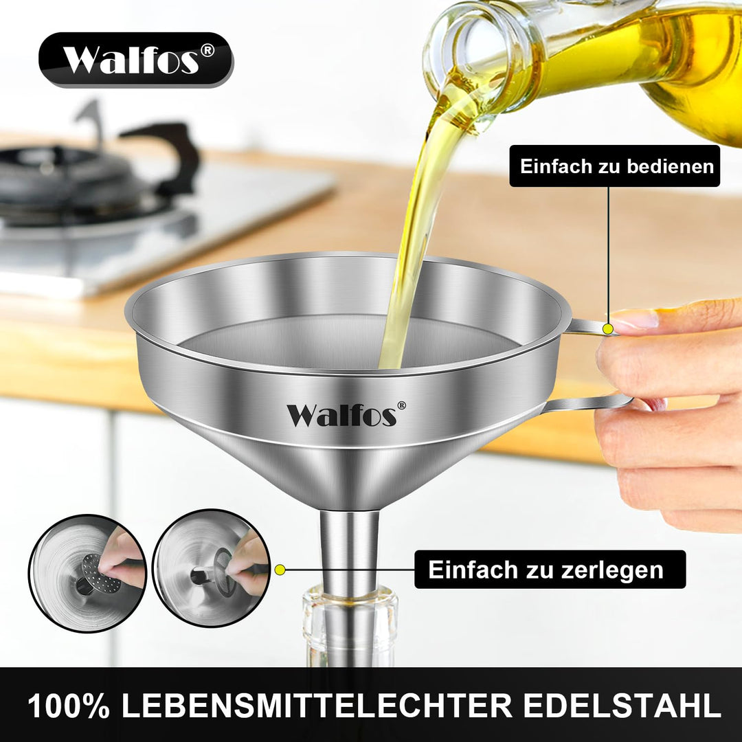 Walfos Trichter aus Edelstahl und 200 Mesh Filter Jam Straining mit 2 abnehmbaren Sieben ＆ 1Pc Reini