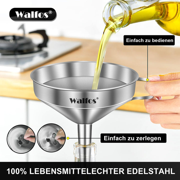 Walfos Trichter aus Edelstahl und 200 Mesh Filter Jam Straining mit 2 abnehmbaren Sieben ＆ 1Pc Reini