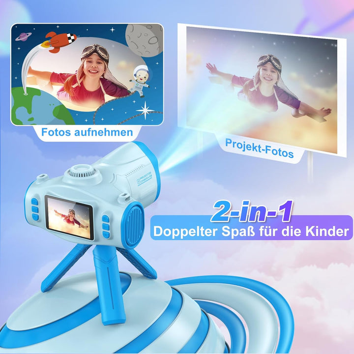 Kinderkamera mit Projektor, CHAKEYAKE 2 in 1 1080P Kinder Kamera mit Stativ, 32GB-Karte, 2500mAh Akk