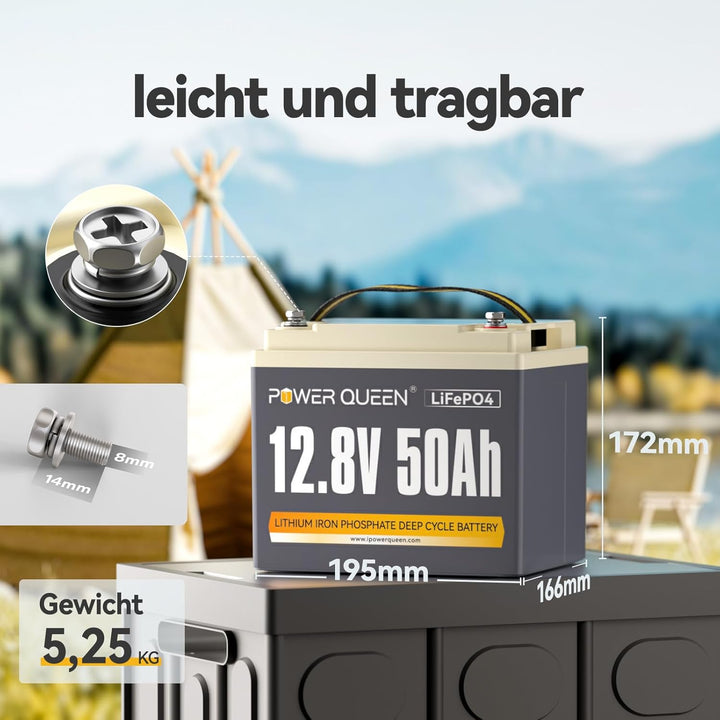 Power Queen LiFePO4 12V 50Ah Lithium Batterie, 640Wh, 4000-15000 Zyklen, 10 Jahre Lebensdauer, Ersat