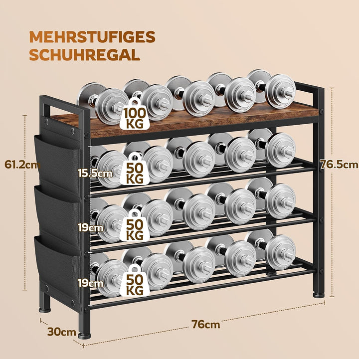 Schuhregal platzsparend 4 Ebenen für 12-16 Paar, Schuhschrank schmal mit Seitentaschen, Schuhregal H