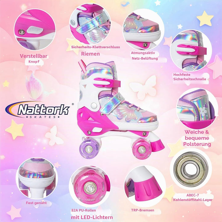 Nattork Kinder Rollschuhe für Mädchen und Jungen, 4 Grössen Verstellbar, Vierrad-Rollschuhe mit Schm
