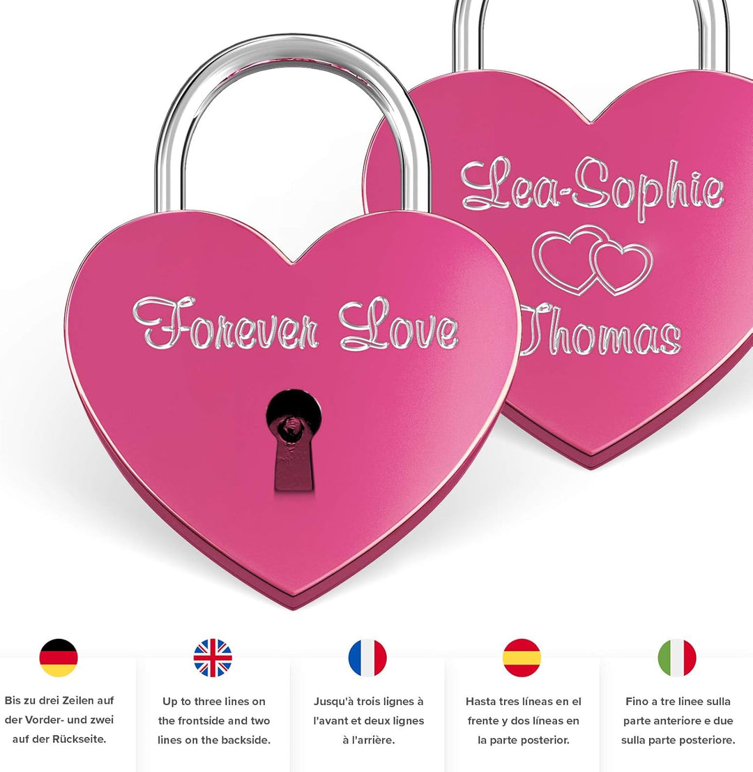 LIEBESSCHLOSS-FACTORY Herz-Schloss Pink mit Gravur und Schlüssel, gratis Geschenkbox uvm. Jetzt grav