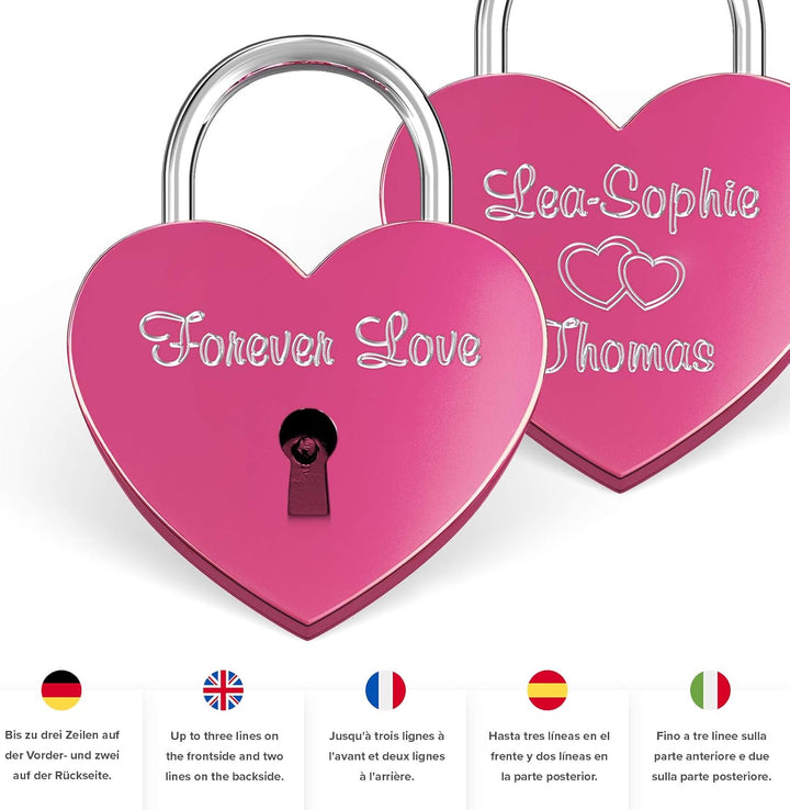 LIEBESSCHLOSS-FACTORY Herz-Schloss Pink mit Gravur und Schlüssel, gratis Geschenkbox uvm. Jetzt grav